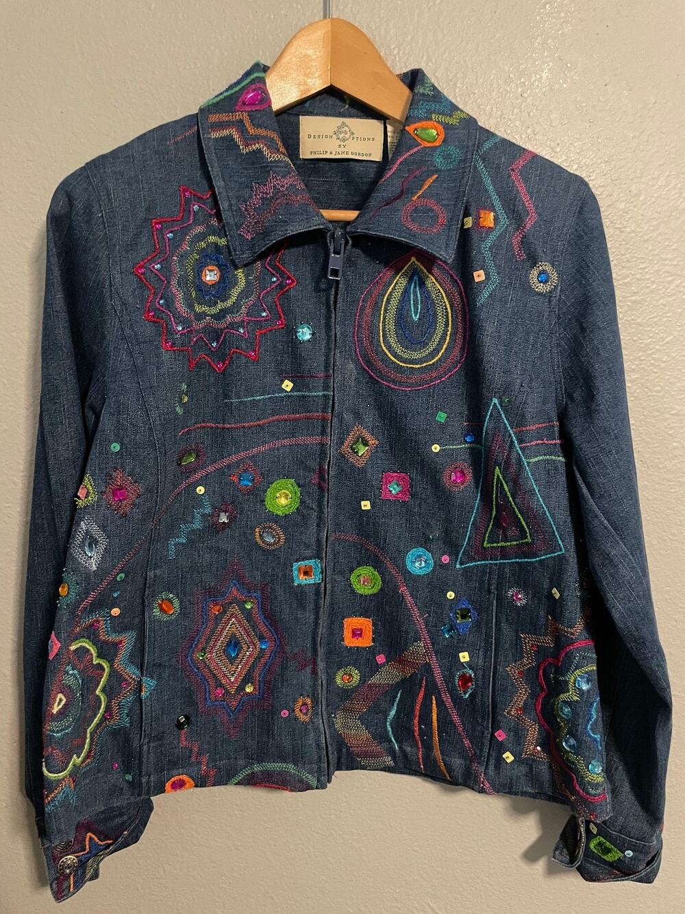 Design Options By Phillip Jane Gordon Jacket Womens Small Blue Denim Embroidered
